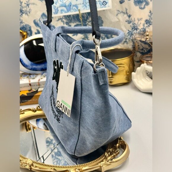 🆕 GANNI 🧿 NWT Washed Blue Embroidered Logo Small Shopper - Picture 5 of 11